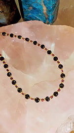 Load and play video in Gallery viewer, The &quot;NO BAD VIBES&quot; 24k Black ObsidianX Garnet Charm Necklace