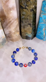 Load and play video in Gallery viewer, 14k Sodalite x Pyrite x Glass Evil Eye 🧿 Unisex Bracelet